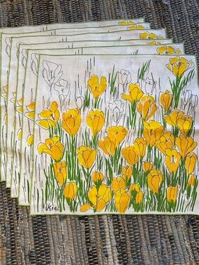 MCM 6 Vintage Vera Neumann Napkins Yellow Spring Tulips Floral Cotton 1970s